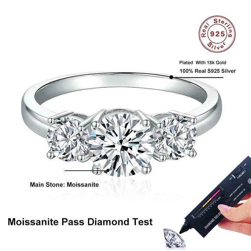 Full D Color Moissanite Ring 925 Sterling Silver Rings for Women 3-Stone Proposal Engagement Wedding Bands Party Jewelry