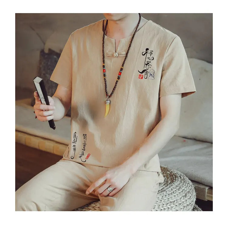 (Shirt + trousers) 2025 summer Chinese Style men shirt Cotton and linen shirts men's High quality casual shirts Two Piece M-5XL