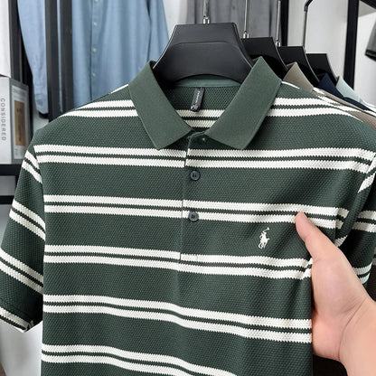 2026 New Men's Summer Short Sleeved Lapel Striped Polo Shirt, Business Casual Cool T-shirt