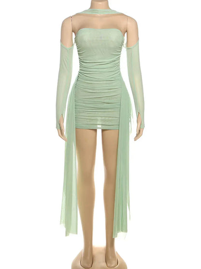 Mesh Simple Women Mini Dress Fashion Solid Strapless Ribbons Tassel Body-shaping Vestidos+Seperately Full Sleeve Gloves