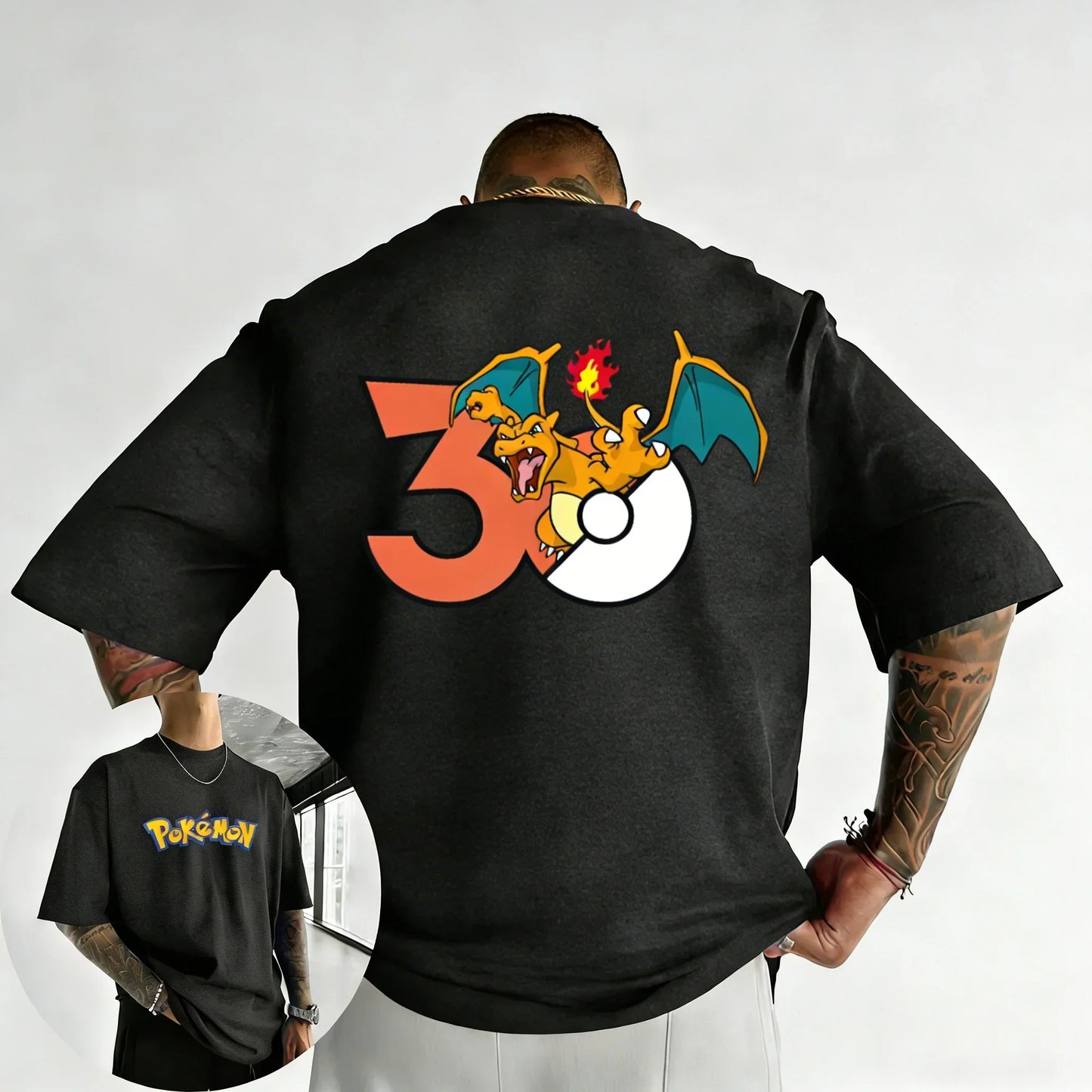 30th Anniversary Charizard Printed T-shirt Summer Men's and Women's Loose Casual Hip Hop Trendy Short Sleeve Top