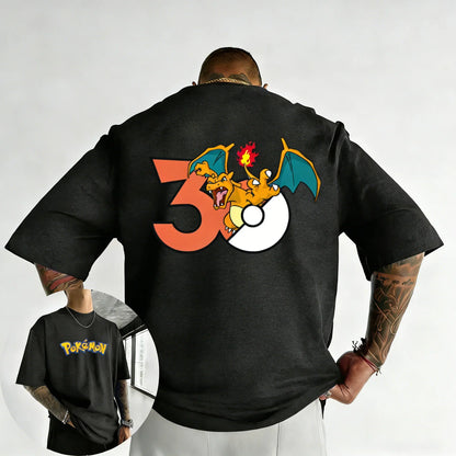 30th Anniversary Charizard Printed T-shirt Summer Men's and Women's Loose Casual Hip Hop Trendy Short Sleeve Top