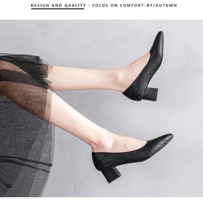 Sapato Feminino de Salto Bloco de 3-5cm Sapatos de Couro com Salto Quadrado Sapatos de Salto Agulha Zapatos De Mujer Moda Designer Escritório Senhoras Sapato Único