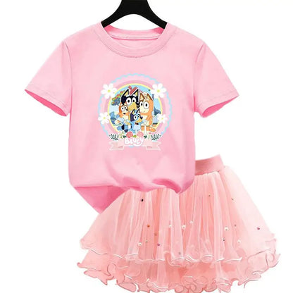 2Pcs/Set Girl Dress Kid Birthday Clothes Party Princess Dress Cartoon T-shirt+Tutu Skirt Summer Evening Christmas Gift