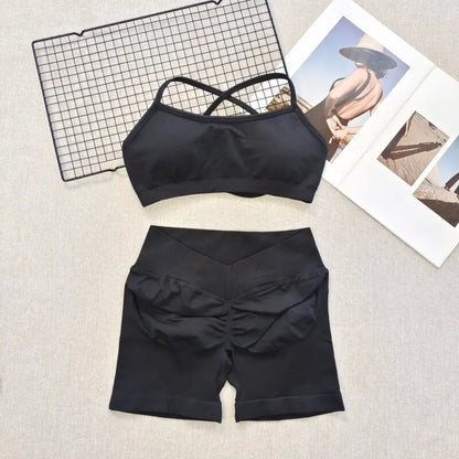 Women's Seamless Quick Dry Fitness Set Sports Bra And Hip Lifting V-Waist Yoga Shorts Pilates Training Clothing Gym Set