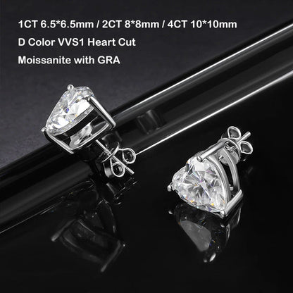 GRA Certified 1-4CT D Color VVS1 Heart Cut Moissanite Earrings For Women 925 Silver Pass Diamond Test Wedding Ear Studs