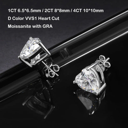 GRA Certified 1-4CT D Color VVS1 Heart Cut Moissanite Earrings For Women 925 Silver Pass Diamond Test Wedding Ear Studs