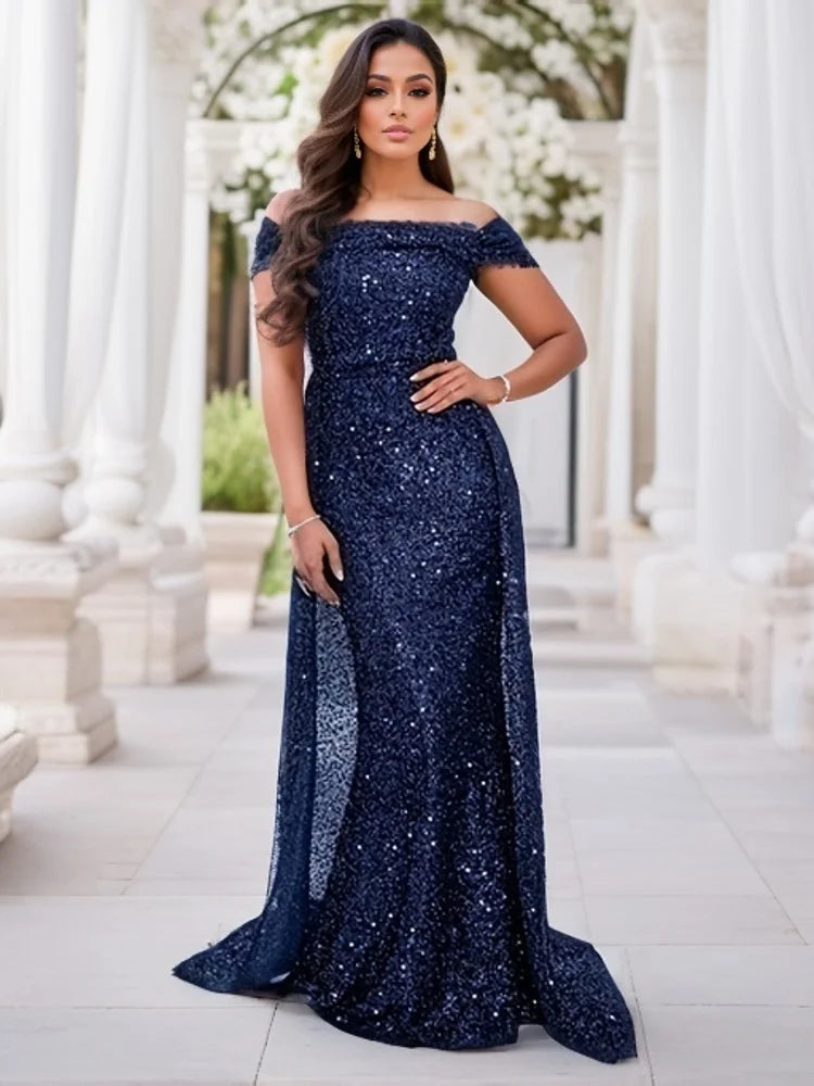 Navy Blue Slash Neck Off Shoulder Prom Gown Sequin Detachable Train Mermaid Evening Party Dresses Cocktail Dress 2025