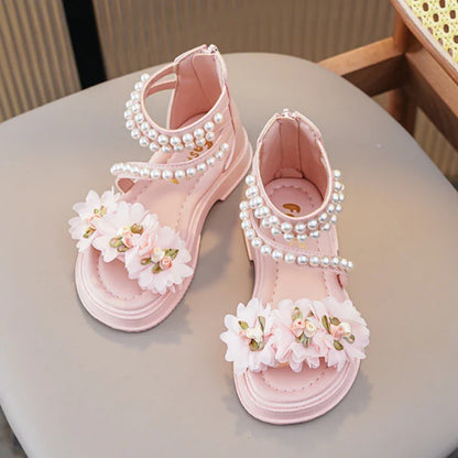 Children's Sandals for Girls Elegant Sandals Pearl Beading Sweet Princess Dress Shoes Kids High-top Roman Sandals Back Zipper
