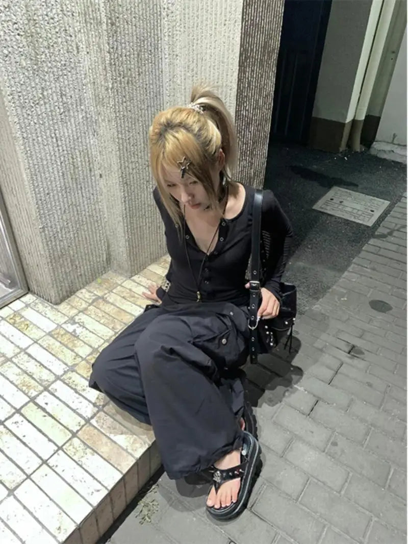 Y2k Japanese T Shirt Women Lace Long Sleeve Print Graphic Tops Streetwear American Retro 90s Crop Tops Autumn Tshirts