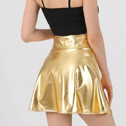 Elegant Metallic Pleated Skirt Gold Silver Flared Design A-line Short Skirt Retro Solid Color Girls Short Mini Skirt Clubwear