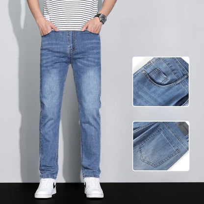 Men's Ice Silk Denim Cargo Pants Summer New Thin Business Casual Jeans Outdoor Y2K All Match Slim Fit Straight Elastic Jean Male