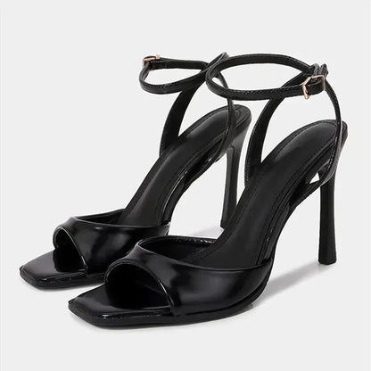 Black Sexy Heels Women Summer Elegant Party Dress Sandals Fashion Square Toe Naked Strap Designer Thin Heels Pumps Zapatos Mujer