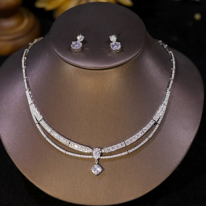 High Quality Cubic Zirconia Bridal Wedding Jewelry Water Drop Pedant Necklace 2PCS Set Lady Party Accessories X0654