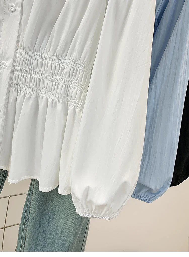 2026 V-neck Long Sleeved Plus Size Shirt Loose Pleated Ruffle Oversized Tops Ladies Chic Elegant Solid Versatile Blouse