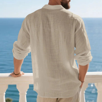 Linen shirt stand-up collar button-down men's loose casual breathable V-neck long-sleeved polo shirt