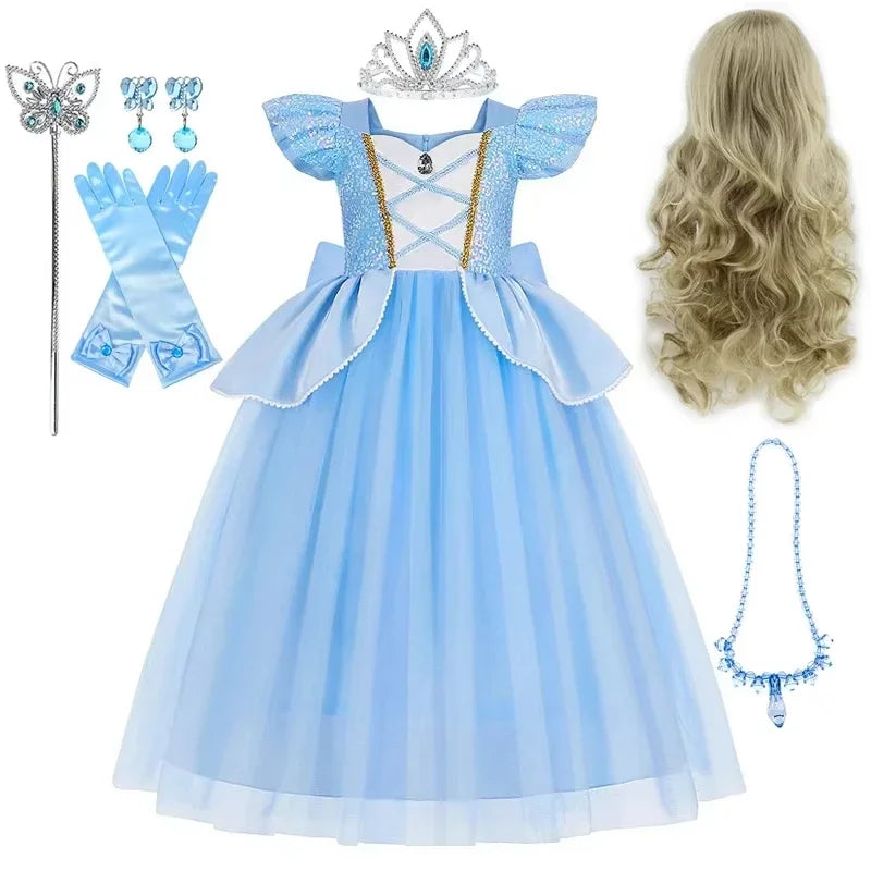 Cinderella Princess Cosplay Dress for Girl Kids Ball Gown Sequin Carnival TUTU Puff Mesh Clothing for Birthday Gift Purim Dress