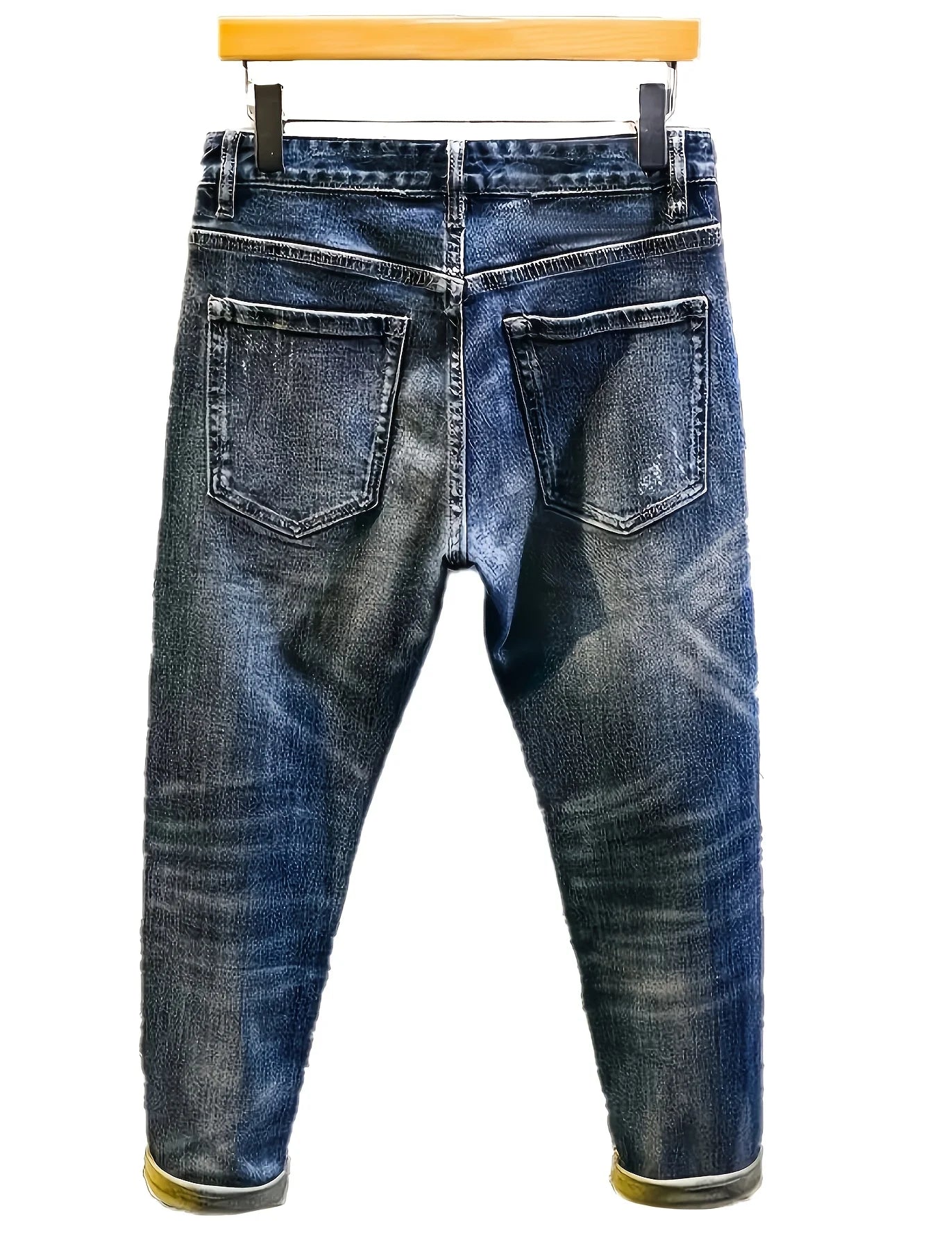 Calça Jeans Masculina Rasgada com Aplique de Urso e Detalhes de Strass, Modelo Retrô Solto Clássico, Marca Tendência Streetwear