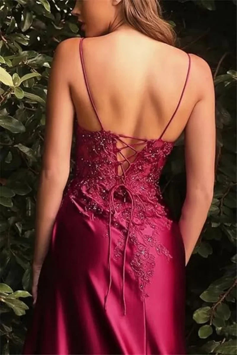 Women's Satin Appliques Prom Dresses with High Slit V Neck Mermaid Evening Gown Formal Party Dress