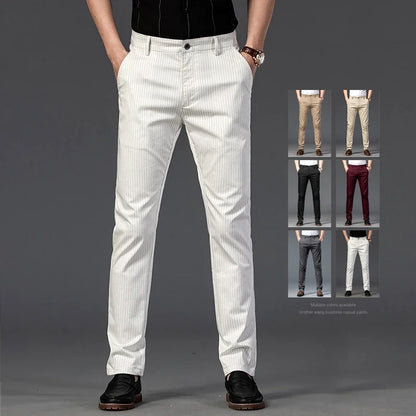 New Men's Business Straight Striped Casual Pants High Quality British Fashion Soft Elastic Trousers Black White Khaki Gray