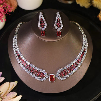 Conjuntos de joias de casamento da moda Brilhante Vermelho e branco incrustado com colar e brincos de cristal CZ 2PCS Acessórios para festa de noiva
