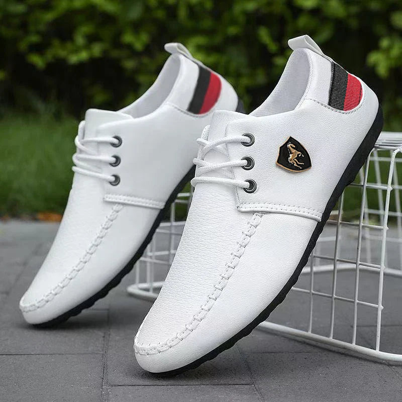 Men's loafers, featuring black and red accents - low-top lace-up design, breathable fabric lining and durable PVC sole, suitable