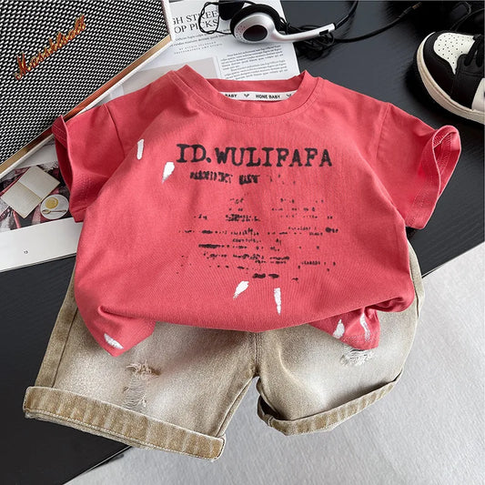 Summer Toddler Baby Boys Cotton Print Short-Sleeved T-Shirt Top+Rip Shorts Jeans Set Kids 2PCS Tracksuit Children Outfit 1-6 Yr