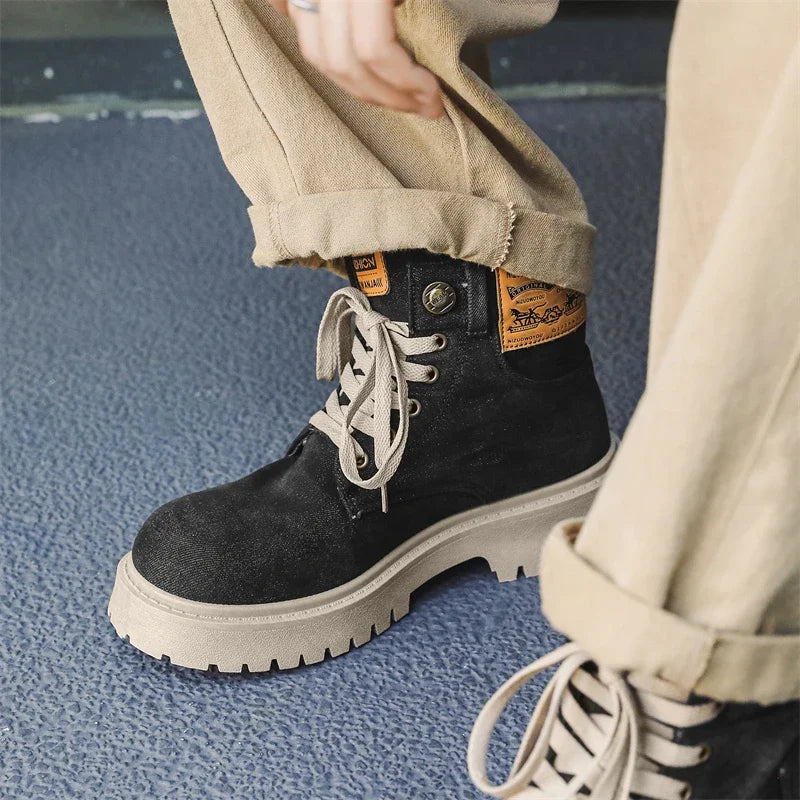 Breathable Men Boots Winter Denim Cloth Mens Ankle Boots Retro Work Boots Platform Men Casual Shoes Handmade High Top Shoes