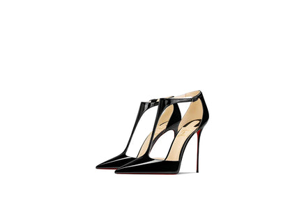 Black patent leather T-belt bag with nightclub sexy 12cm ultra-fine heel pointed party European and American high-heeled sandals
