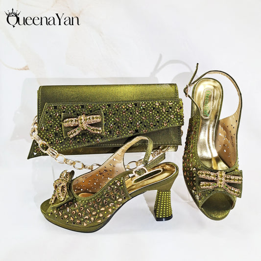 Elegant Women's Peep-Toe Heels and Matching Olive Color Diamond Pumps Set Stylish Italian Shoes and Bags for Parties