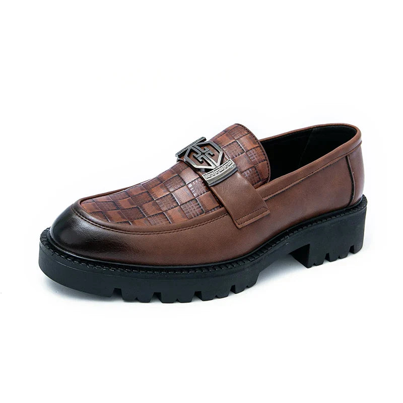Men Loafers PU Thick Sole Round Toe Checkered Pattern Fashionable Classic Business Formal Shoes