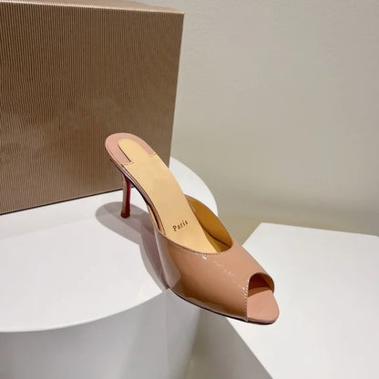 New patent leather nude high heels stiletto round head open-toed fish mouth shoes sexy outer slippers women's muller shoes