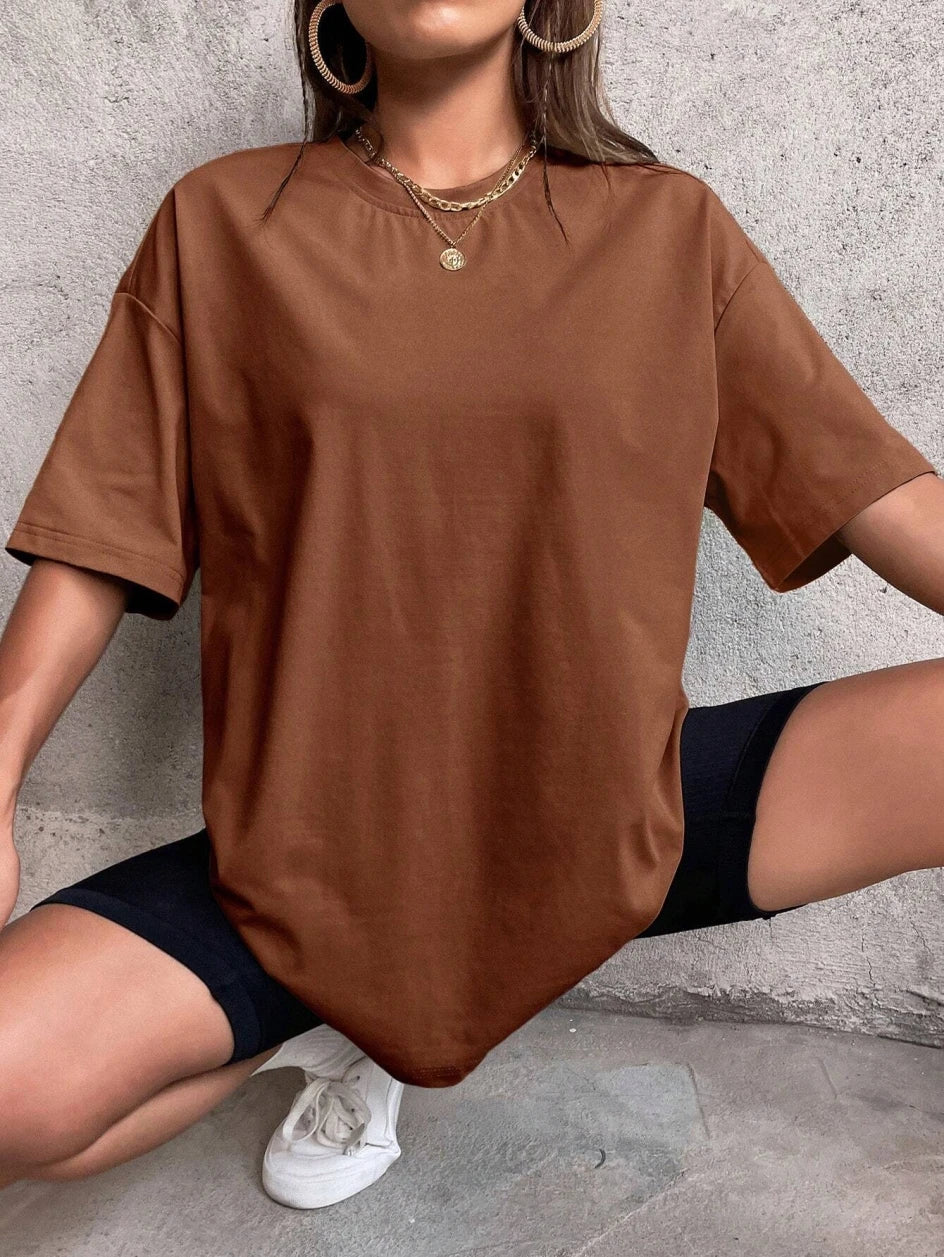 Camiseta Feminina de Manga Curta Cor Sólida para Fitness, Algodão Macio, Respirável, Roupas Confortáveis, Básica, Versátil, Solta