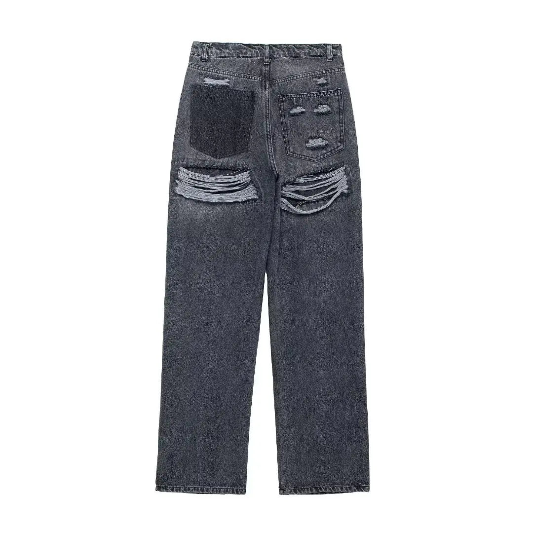 Women's Street Fashion Denim Blue Jeans Distressed Patchwork High Waist Zipper Fly Ripped Retro Long Pants