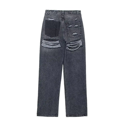 Women's Street Fashion Denim Blue Jeans Distressed Patchwork High Waist Zipper Fly Ripped Retro Long Pants