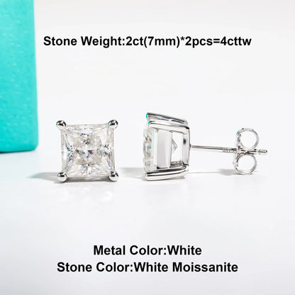 10k Gold Post 4/2/1.2ct Princess Moissanite Women Earrings 10K Gold Post Anti-allergy Stud Earrings For Men Jewelry