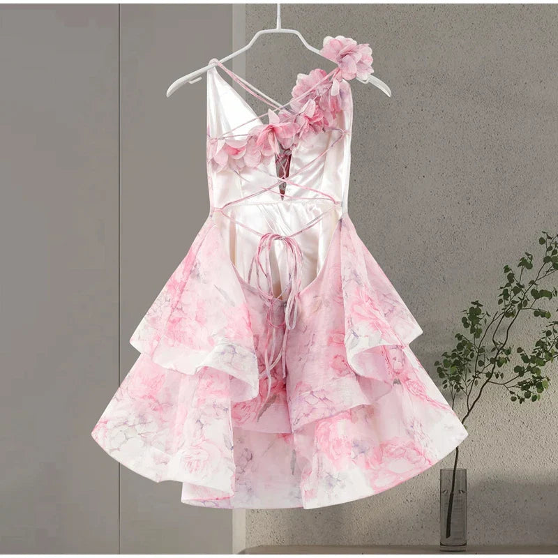 Backless Party Dress Women Elegant 3D Flower Print Sling Lace Up Ruffle A-line Mini Evening Dresses Female 2025 Summer Swimwears