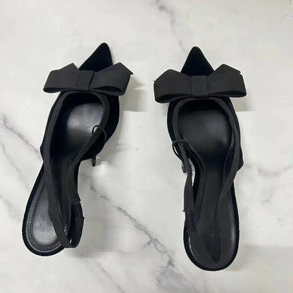 Black Velvet Butterfly-knot Designer Heeled Sandals Women Sexy Pointed Toe Slingbacks Women Pumps Elegant Party Dress High Heels