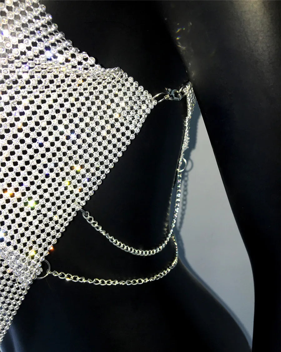 Shiny Rhinestone Metal Camisole For Women Sexy Backless Single shoulder Side Split Tank Tops Cocktail Party Club Crop Top Y2K