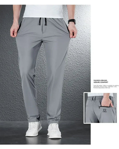 2024 Summer Soft Ice Silk Fabric Men's Thin Casual Pants Korean-style Fashion  Straight High Stretch Trousers Male Luxury Brand
