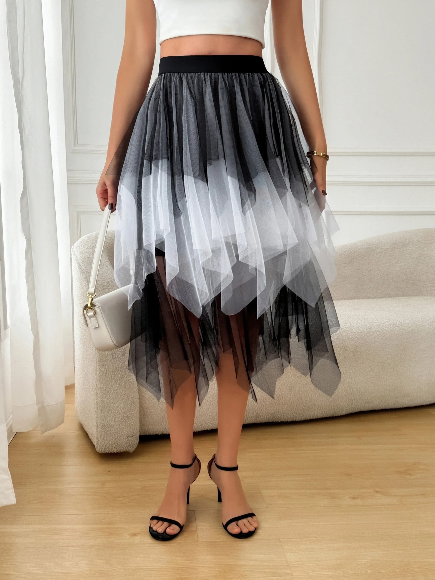 Ladies' high waisted elastic waist layered chiffon midi skirt with irregular asymmetric hem party casual mesh fairy ballet skirt