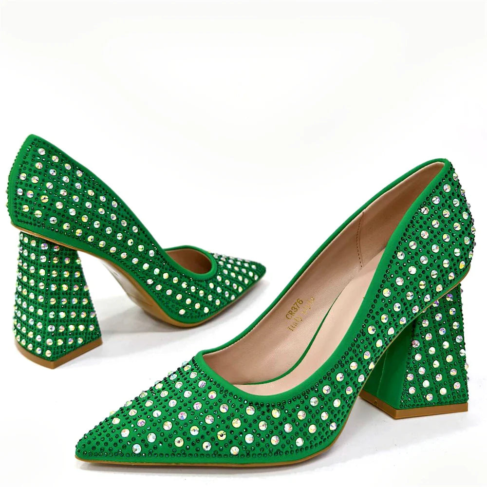 Nigerian Heel Party for Women Yellow Shoes and Bag Set Rhinestone Handbag Italian Design Wedding