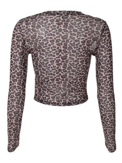 Sexy Long Sleeves Tops Mesh T Shirt Leopard Printed Bodycon Women Clothes Lady Party Club Streetwear Casual Nightout Y2K