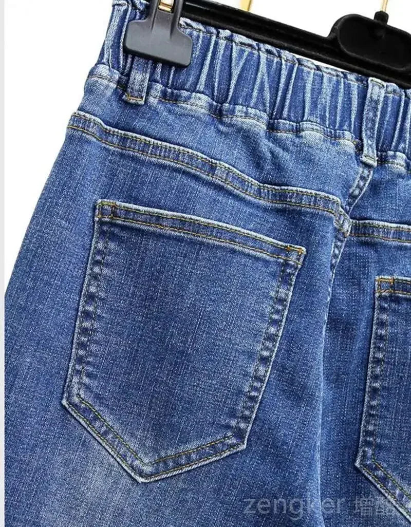 Extra-large stretch jeans girls stretch waist loose and thin Harlan pants