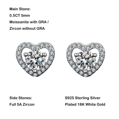 New In 0.3CT 4mm D Color Moissanite Stud Earrings For Women Party 925 Sterling Silver Pass Diamond Test Heart Shape Earring