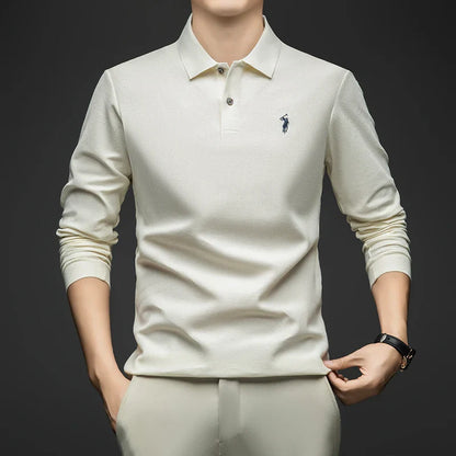 100% Pure Cotton Men's Long Sleeved Polo Shirt, Collar T-shirt, Spring and Autumn Top, No Ironing, Wrinkle Resistant Embroidery