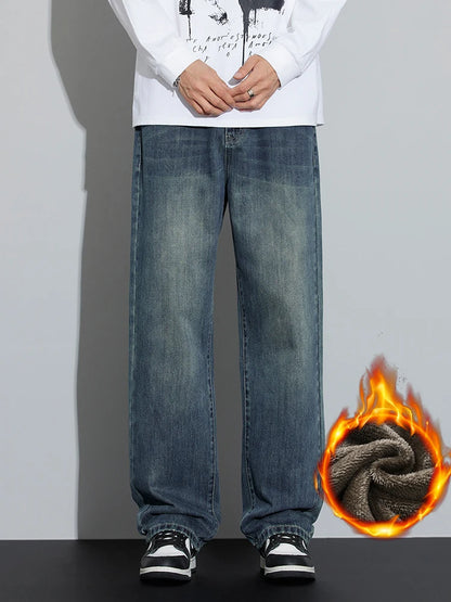Korean Wide Legs Fleece Jeans Men's Winter Warm Thickened Velvet Loose Straight Casual Denim Pants Korean Fashion Trousers