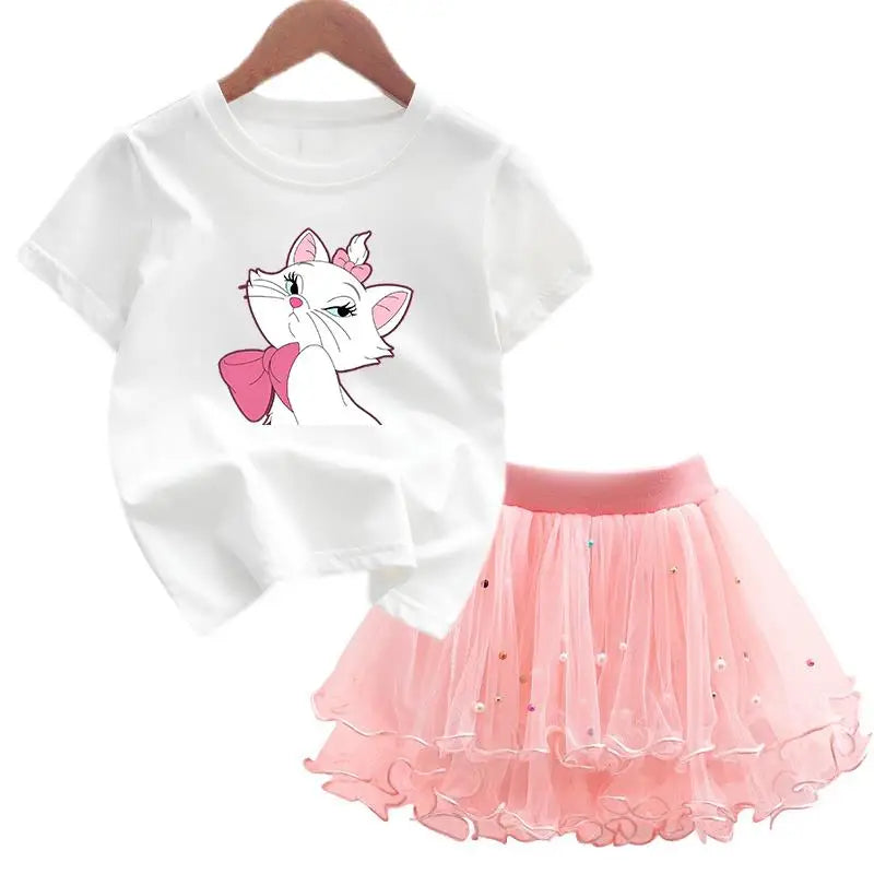 The Aristocats Marie Cat 2Pcs/Set Girl Dress Kid Birthday Clothes Party Princess Dress T-shirt+Tutu Skirt Summer Christmas Gift