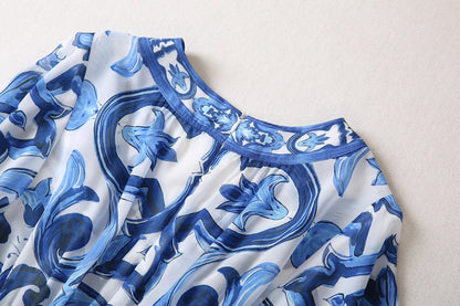 Red Blue And White Porcelain Print Holiday Dress Summer Vintage Bohemia Dress Women's  Loose Lace Up Belt Long Robe Vestido