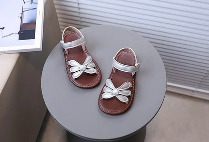 Girls Sandals Hook&loop Kids Beach Shoes Soild Color Versatile 2025 Summer Girls Princess Shoes Retro Sweet Flowers Korean Style